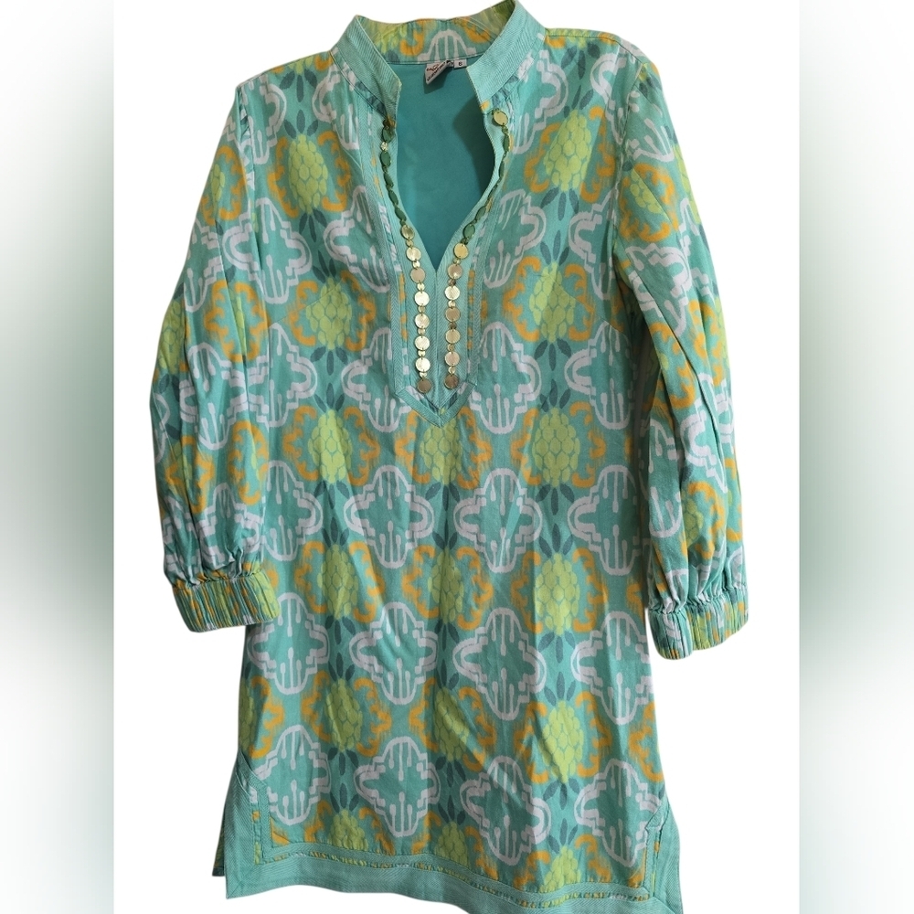 Sheridan French Cotton Resortwear Ikat Mini Dress 6 Pineapples Notch Neck